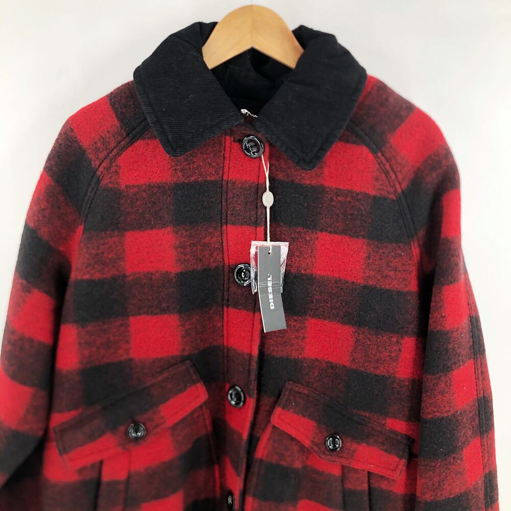 Diesel Plaid Coat Red Black Plaid Flannel Women's Sz L NWT $875 - Picture 6 of 11